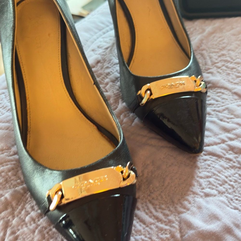 Coach Black Leather Heels with Gold Accent - Picture 2 of 10